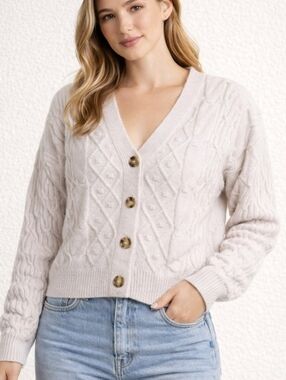 NWT Pinque Marci V Neck Cable Knit Cardigan XL Magic Stone Button Sweater